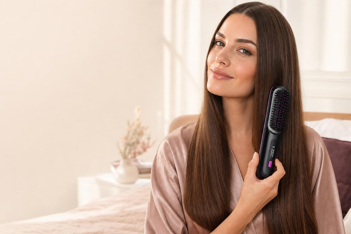Mujer con pelo liso y brillante usando el cepillo Brila
